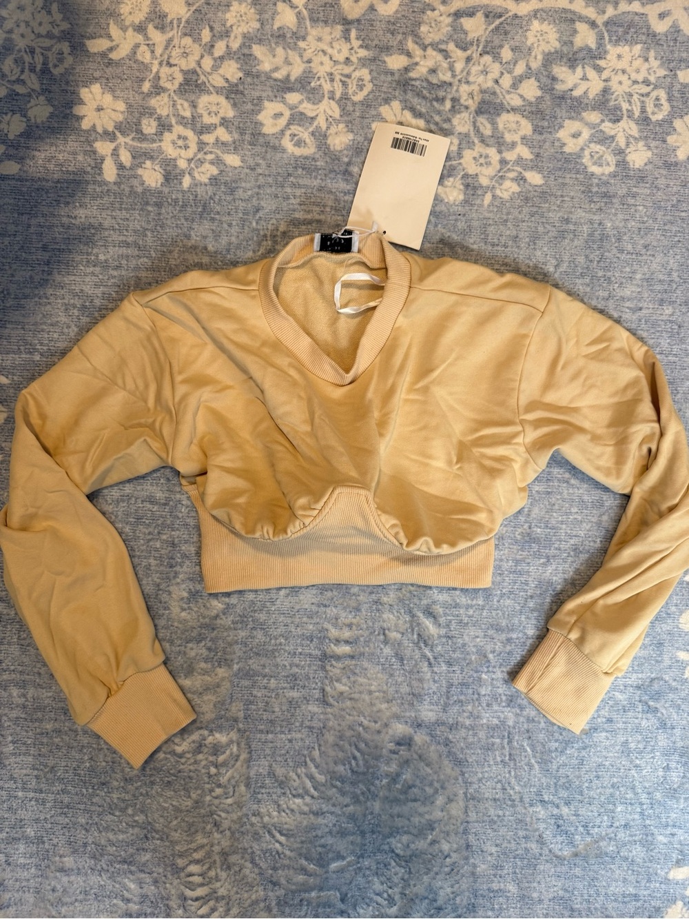 Cropped Long-Sleeve V-Neck Top in Beige